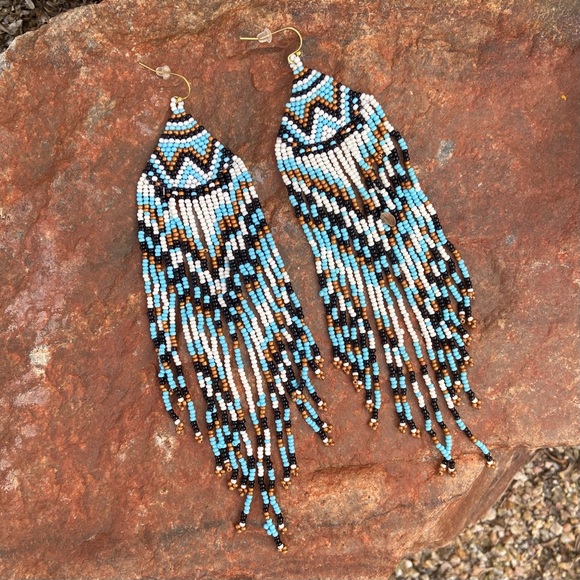 Jewelry - Gold River Beaded Fringe Earrings in Black, Blue, Copper + White